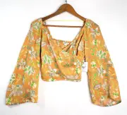 O'NEILL Angeline Cropped Flowy Blouse Top Womens SM Tang Floral Long Bell Sleeve