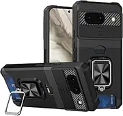 Ciuaz Case for Google Pixel 8 with Stand, Credit Card Slot Wallet Case, Military Grade Shockproof Portective Case, Slide Camera Cover, Compatible Magnetic Car Mount Holder (Black)