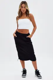 Black Midi Skirt Mid Rise Cargo Drawstring Elastic Waist - Size 6, Women's Midi Skirt