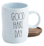 New Rae Dunn "GOOD HARE DAY" Mug Blue Speckled With Wooden Coaster Lid