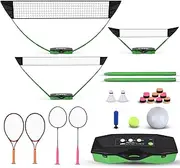 Volleyball, Badminton & Tennis Net Set - 3-in-1 Sports Combo with Nets, Rackets, Balls & Pump for Backyard, Beach & Court Games