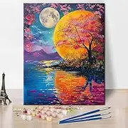 Moonlight Paint by Numbers for Adults, Reflection on the Lake Paint-by-Number Kits with Brushes and Pigment Oil Hand Painting Night View Canvas Gifts Art Crafts for Home (Frameless) 16"x20"Inch