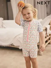 Blue/Pink Floral Frill Sleeve Sunsafe Swimsuit (3mths-10yrs) (AB7031) | $28 - $33