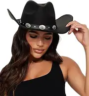 [Eohak] Womens Cowgirl Studded Pinched Western Cowboy Hats for Men Wide Brim Gaucho Hat Crushable Fedoras Hat with Belt Buckle