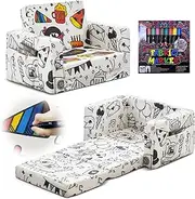 MOEYURO Kids Sofa - 2 in 1 Foldable Toddler Graffiti Sofa - Baby Sofa Convertible to Lounger - with Doodle Pattern Design,Great for 1-3 Years Old Boys and Girls with 12 Colored Markers(Party)