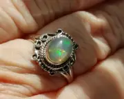 * ETHIOPIAN OPAL SOLITAIRE RING * in .925 Sterling Silver, Size 7.5