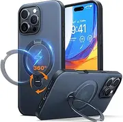 TORRAS Upgraded 360° Spin Magnetic Stand for iPhone 16 Pro Case, [Built-in Kickstand&Ring Holder][Compatible with MagSafe][Military Grade Shockproof] Translucent Back for iPhone 16 Pro, Black