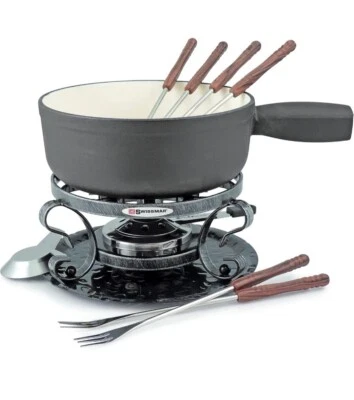 Swissmar Lugano 9-Piece Cast Iron Cheese Chocolote Fondue Set Matte Black2Qt/2L