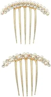 [Generic] 2 Pcs Pearl Hair Side Combs Clip Crystal Rhinestone Hair Combs for Women Decorative Combs Hairpins Hair Accessories for Wedding Party Daily (Gold, One size)