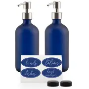 16oz Blue Glass Bottles w/ Silver Pumps & Labels 2pc Set; Soap/Lotion Dispensers