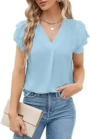 [BUNSLOOM] Women's Blouse Chiffon Summer Short Sleeve V-Neck Puff Sleeves Casual Elegant Work Blouse Top Office Work Wear