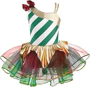 [TiaoBug] Girls Mrs Santa Xmas Costume Candy Cane Striped Sequins Leotard Tutu Dress for Figure Ice Skating