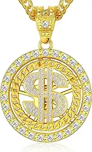 [Sanfenly] Gold Necklace Chain with Dollar Sign, Rotatable 18K Gold Plated Chain for Men Money Pendant Necklace for Men, 27.5inch Halloween Jewelry