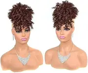 Hairpiece Afro Puff Bun with Bangs Short Afro Kinky Curly Hair Chignons Synthetic Drawstring Ponytail Hair Extention Daily Use(Dark Auburn)