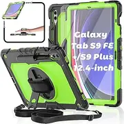 BASE MALL Case for Samsung Galaxy Tab S10 Plus/ S9 FE+/ S9 Plus Tablet 12.4'' with Tempered Glass Screen Protector, Full-Body Shockproof, Rotating Kickstand/S Pen Holder/Shoulder & Hand Strap (Green)