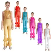 Girls Metallic Hippie Disco Jumpsuit Sparkly Sequins Unitard Stage Dance Costume