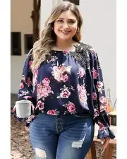 Navy Blue Plus Size Crochet Detail Cold shoulder Floral Blouse - Tops -Size