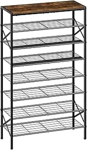8-Tier Tall Shoe Rack Organizer Shoe Storage for Entryway 24-32 Pairs Metal Shoe Rack for Closet Heavy-Duty Shoe Rack with Wooden Top Shelf for Garage Rustic Brown