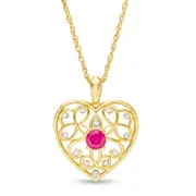 4.0mm Lab-Created Ruby and 0.05 CT. T.W. Diamond Filigree Heart Pendant in 10K Yellow Gold