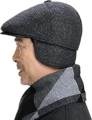 [iNszkoos] Mens Winter Flat Caps Newsboy Hat Beret Middle Hat Thicker Warm Casual Autumn and Winter Peaked Cap Retro Duckbill Cap Driving Hat with Windproof Foldable Ear Flaps for Boy Grandad Aged and Elderly