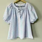 Ann Taylor LOFT Gingham Striped Tie Neck Puff Sleeve Top Lavender Blue Medium
