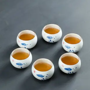 功夫茶杯套裝手繪陶瓷斗笠品茗6只裝白瓷青花瓷小茶碗茶具禮盒