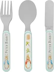 Peter Rabbit 3 Piece Cutlery Set – Metal, Reusable Children's Knife, Fork & Spoon, Kids-Size, Made from Food-Safe Stainless Steel & ABS Plastic – Flopsy, Mopsy, Cotton Tail – for 12 Months & Up