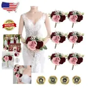 Set of 6 Blush & Burgundy Artificial Bridesmaids Bouquets - 7 Inch Silk Flowers