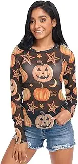 [RPLIFE] Cute Orange Pumpkins Black Mesh Shirts for Women, Womens See Through Tops S-XXL