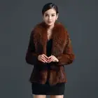 Women Fox Fur Collar Fluffy Real Rabbit Fur Outwear Coat Jacket Luxury Winter sz
