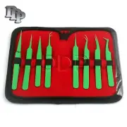 Set Of 8 Pieces Stainless Steel Green Color Eyelash Extension Tweezers