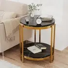 Industrial End Table, 2-Tier Marble Look round Side Table, Small Modern Storage