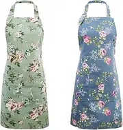 Kitchen Aprons for Women, 2 Pack Floral Aprons Vintage Cooking Apron Chef Bakers Apron with 2 Pockets, Adjustable Cotton Chef Aprons for Kitchen Cooking BBQ & Grill Baking Gardening