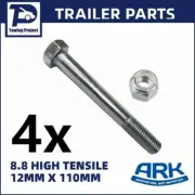 4x ARK TRAILER Hex Bolt 8.8 HIGH TENSILE COUPLING Bolt Nyloc Nut 12MM X 110MM