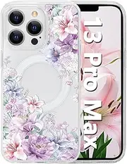 Tcaraersing for iPhone 13 Pro Max 6.7'' for Magnetic Clear Flower Case, Compatible with MagSafe, Floral Pattern Transparent Shockproof PC Back Soft TPU Slim Thin Cover for Girls Women - Hydrangea