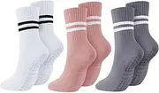 [NASHRIO] long Pilates Grip Socks for Women: 3 Pairs of Colorful Cushioned Crew Grippy Yoga Socks, Non-Slip Sock for Barre Ballet Dance and Exercise