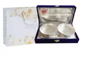 Gift Set Silver Brass Two Bowl with Two Spoon & with Single Tray with Velvet Box