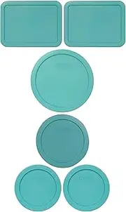Pyrex Turquoise (2) 7200-PC, (1) 7201-PC, (2) 7210-PC, & (1) 7402-PC Round Plastic Food Storage Replacement Lids, Made in USA