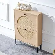 Shoe Storage Cabinet, Wekity Rattan Shoe Cabinet with 2 Flip Drawers, Shoe Storage Organizer for Heels Slippers Boots, Wood Narrow Free Standing Shoe Cabinet for Entryway Hallway 6X23X31 Inch