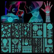 BUXIUGAN Blue Glow in the Dark Temporary Tattoos Indian Lace for Woman Girls Hand Arm Body Art, Luminous Flower Temporary Tattoo Stickers Moon Star Butterfly Glitter Neon Face Paint, 10 Sheets