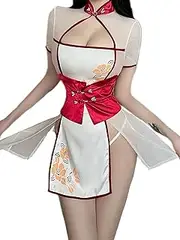 [Generic] Sexy Chinese Mini Dress – Floral Cheongsam Costume, High-Slit Short Sleeve Oriental Lingerie White