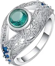 [VPbao] Ring Round Crystal Plated 925 Sterling Silver Rings Lake Blue for Women