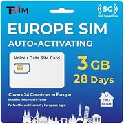 SIM Card for Europe Travel 28Days Holiday with CallHome & Hotspot Tethering. Auto-Activating. 5G Enabled. Roam in 34 Countries incl Switzerland, Turkey