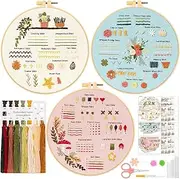 3Sets Embroidery Kit for Beginner, Embroidery Stitch Practice to Learn 30 Different Stitch, Flower Cross Stitch Kit Embroidery Starter Kit for Adult Kids with Hoop Needle Thread