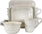 [Elama] Contemporary Square Embossed Stoneware Dinnerware Dish Set, 16 Piece, Ivory White