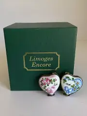 Limoges Valentines Day 2 Joined Hearts Trinket Boxed Florals France Porcelain