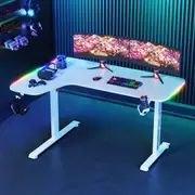 Advwin 140cm Gaming Desk L Shape RGB LED Corner Table Carbon Fiber Gamer Workstation White