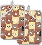 Kitchen Pot Holders Heat Resistant Cartoon Cute Brown Bear Potholders for Kitchens with Pockets Hot Pot Holder Pads Oven Mitts 2 Pack