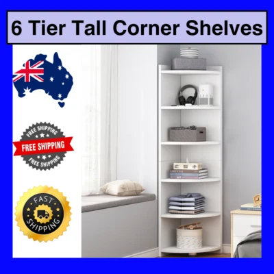 Inspire 6 Tier Large Tall Stylish Wooden Corner Shelf Unit Bookcase White AUS