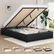 ALFORDSON Bed Frame with Gas Lift Storage Base Double Size, Bed Platform Foundation PU Leather Upholstery Without Headboard for Mattress Topper, Wilbur Black